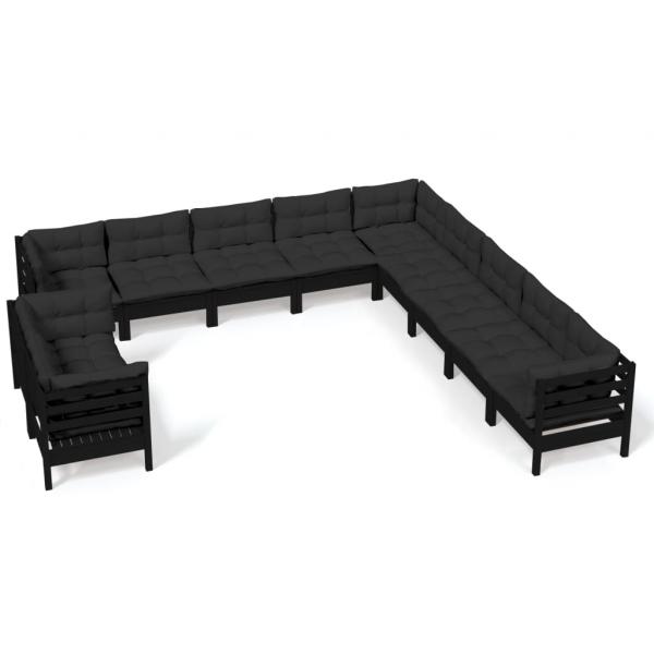 11-tlg. Garten-Lounge-Set mit Kissen Schwarz Massivholz Kiefer