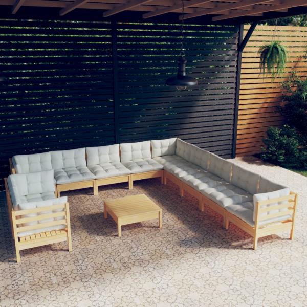 ARDEBO.de - 12-tlg. Garten-Lounge-Set mit Creme Kissen Massivholz Kiefer