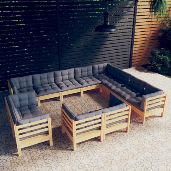 ARDEBO.de - 12-tlg. Garten-Lounge-Set mit Grauen Kissen Massivholz Kiefer