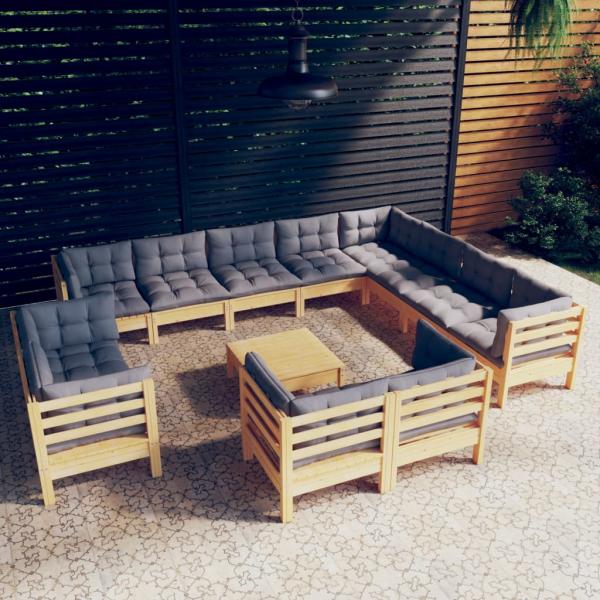 ARDEBO.de - 13-tlg. Garten-Lounge-Set mit Grauen Kissen Massivholz Kiefer