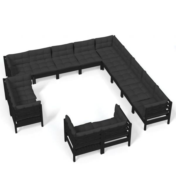 13-tlg. Garten-Lounge-Set mit Kissen Schwarz Massivholz Kiefer