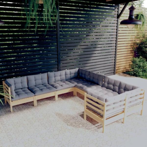 ARDEBO.de - 8-tlg. Garten-Lounge-Set mit Grauen Kissen Massivholz Kiefer