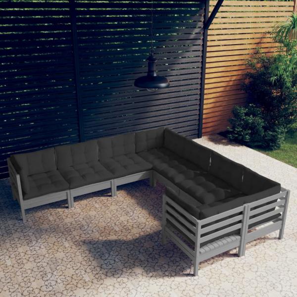 ARDEBO.de - 8-tlg. Garten-Lounge-Set mit Kissen Grau Massivholz Kiefer