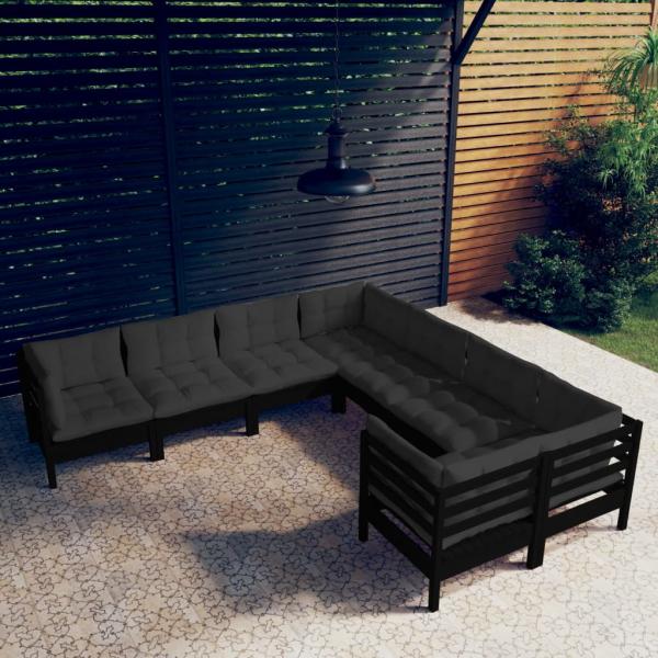 ARDEBO.de - 8-tlg. Garten-Lounge-Set mit Kissen Schwarz Massivholz Kiefer