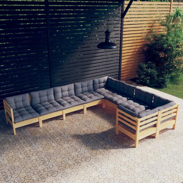 ARDEBO.de - 9-tlg. Garten-Lounge-Set mit Grauen Kissen Kiefernholz