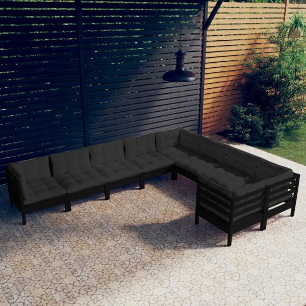 ARDEBO.de - 9-tlg. Garten-Lounge-Set mit Kissen Schwarz Kiefernholz