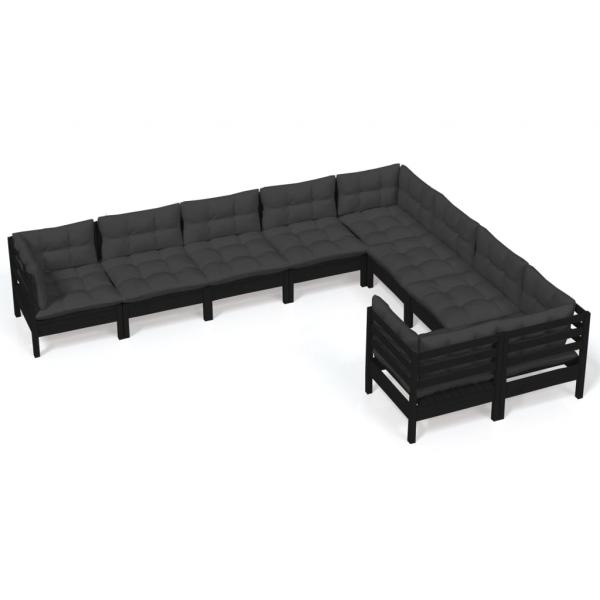 9-tlg. Garten-Lounge-Set mit Kissen Schwarz Kiefernholz