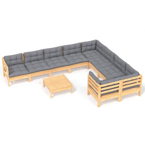 10-tlg. Garten-Lounge-Set mit Grauen Kissen Kiefernholz