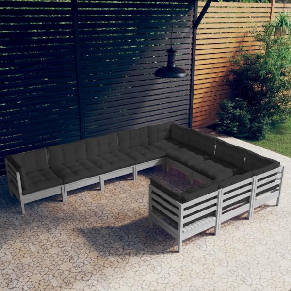 ARDEBO.de - 10-tlg. Garten-Lounge-Set mit Kissen Grau Kiefernholz