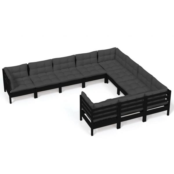 10-tlg. Garten-Lounge-Set mit Kissen Schwarz Kiefernholz