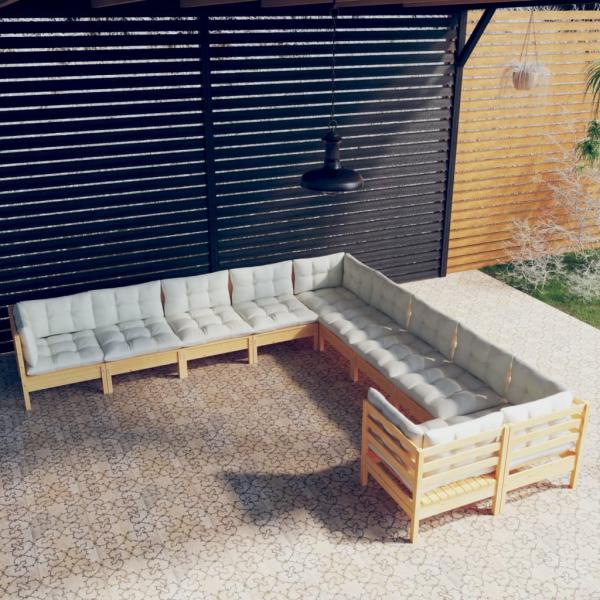 ARDEBO.de - 10-tlg. Garten-Lounge-Set mit Creme Kissen Kiefernholz