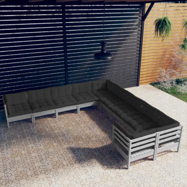 ARDEBO.de - 10-tlg. Garten-Lounge-Set mit Kissen Grau Kiefernholz