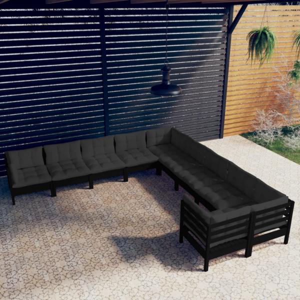 ARDEBO.de - 10-tlg. Garten-Lounge-Set mit Kissen Schwarz Kiefernholz