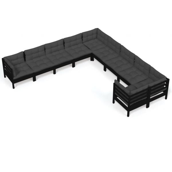 10-tlg. Garten-Lounge-Set mit Kissen Schwarz Kiefernholz