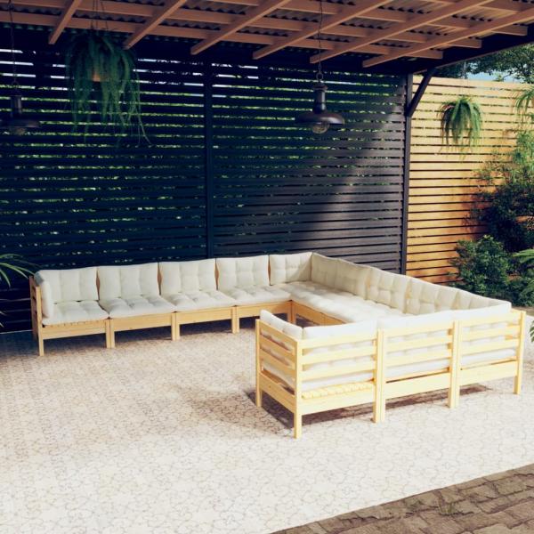 ARDEBO.de - 11-tlg. Garten-Lounge-Set mit Creme Kissen Kiefernholz