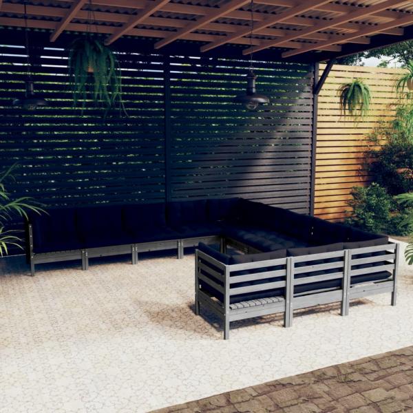 ARDEBO.de - 11-tlg. Garten-Lounge-Set mit Kissen Grau Kiefernholz