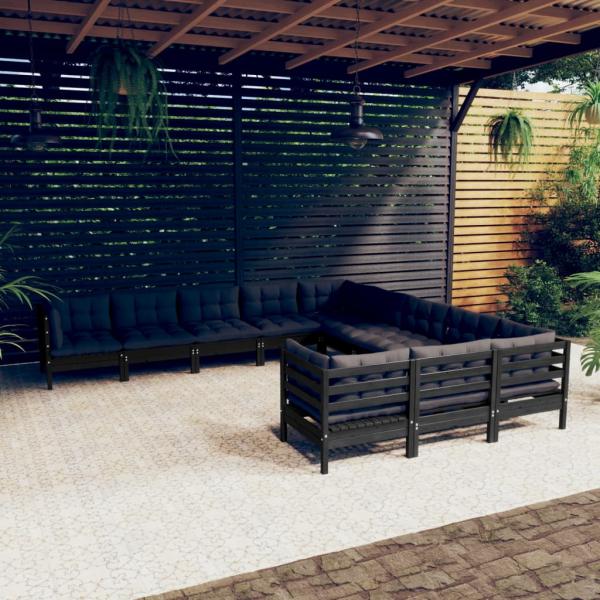 ARDEBO.de - 11-tlg. Garten-Lounge-Set mit Kissen Schwarz Kiefernholz