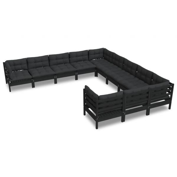 11-tlg. Garten-Lounge-Set mit Kissen Schwarz Kiefernholz