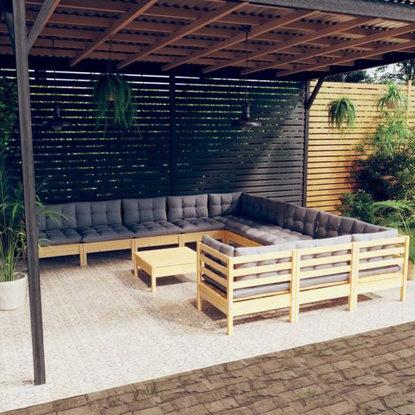 ARDEBO.de - 12-tlg. Garten-Lounge-Set mit Grauen Kissen Kiefernholz