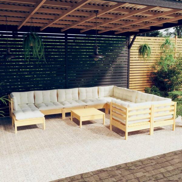 ARDEBO.de - 11-tlg. Garten-Lounge-Set mit Creme Kissen Kiefernholz