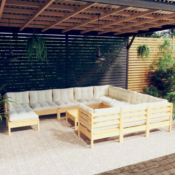 ARDEBO.de - 12-tlg. Garten-Lounge-Set mit Creme Kissen Kiefernholz