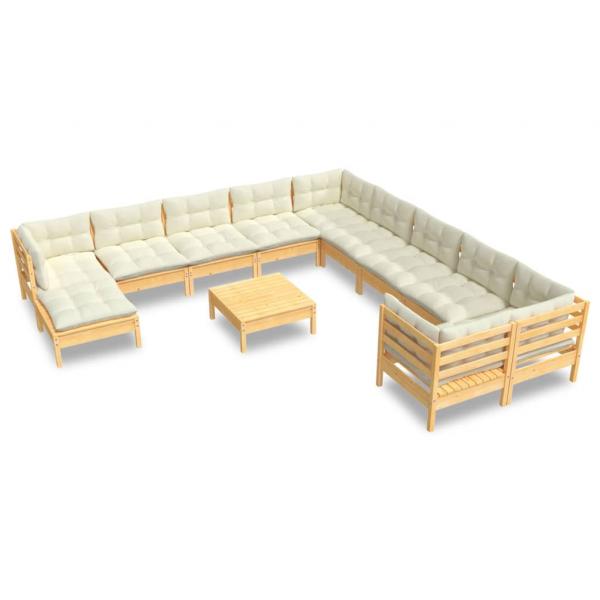 12-tlg. Garten-Lounge-Set mit Creme Kissen Kiefernholz