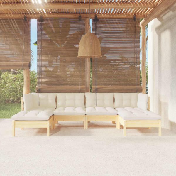 ARDEBO.de - 6-tlg. Garten-Lounge-Set mit Creme Kissen Kiefernholz