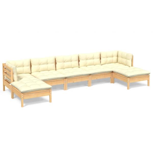 7-tlg. Garten-Lounge-Set mit Creme Kissen Kiefernholz