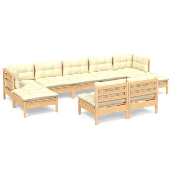 9-tlg. Garten-Lounge-Set mit Creme Kissen Kiefernholz