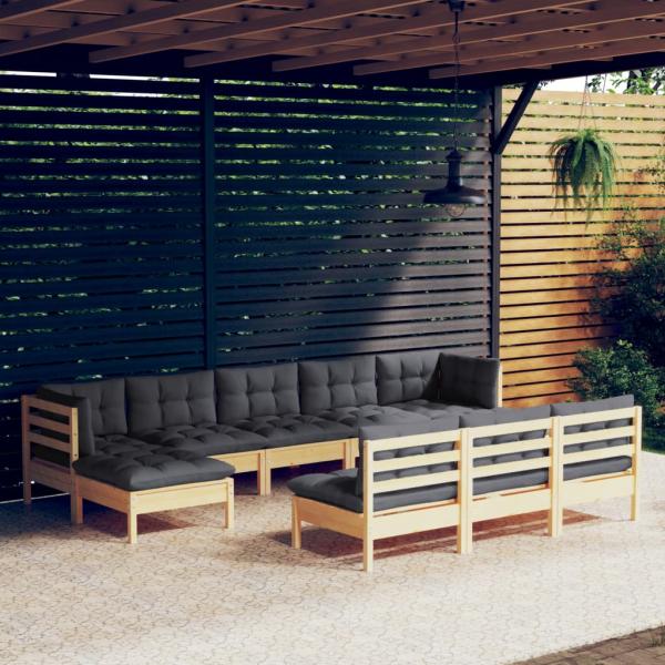 ARDEBO.de - 10-tlg. Garten-Lounge-Set mit Grauen Kissen Kiefernholz