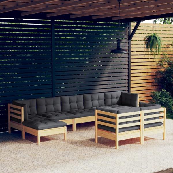 ARDEBO.de - 9-tlg. Garten-Lounge-Set mit Grauen Kissen Kiefer Massivholz