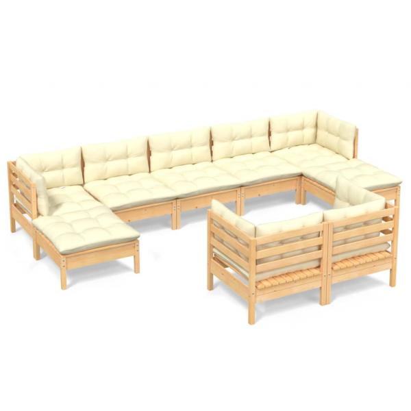 9-tlg. Garten-Lounge-Set mit Creme Kissen Massivholz Kiefer