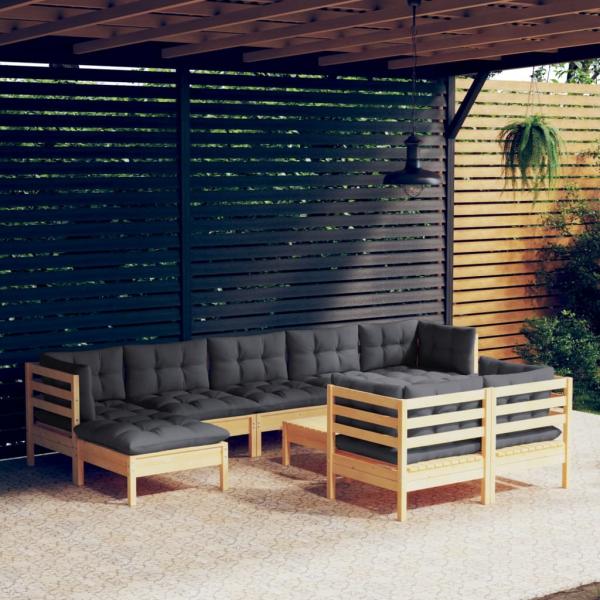 ARDEBO.de - 10-tlg. Garten-Lounge-Set mit Grauen Kissen Kiefer Massivholz