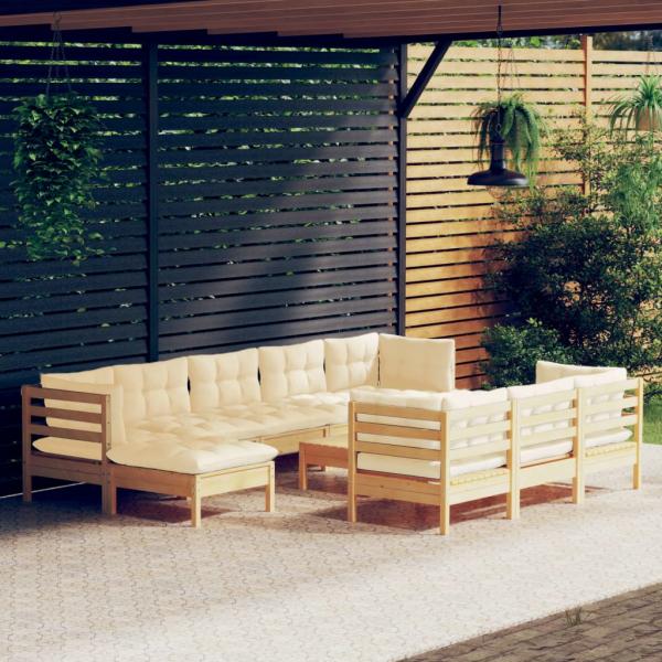 ARDEBO.de - 11-tlg. Garten-Lounge-Set mit Creme Kissen Massivholz Kiefer