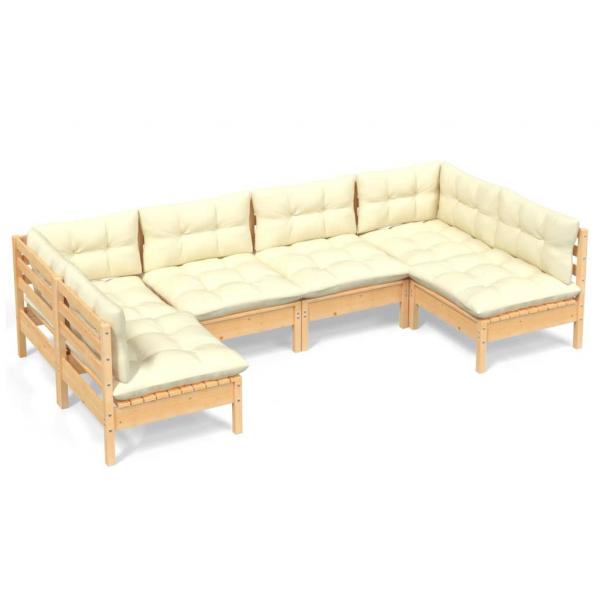 6-tlg. Garten-Lounge-Set mit Creme Kissen Massivholz Kiefer