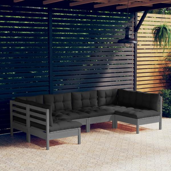 ARDEBO.de - 6-tlg. Garten-Lounge-Set mit Kissen Grau Kiefer Massivholz