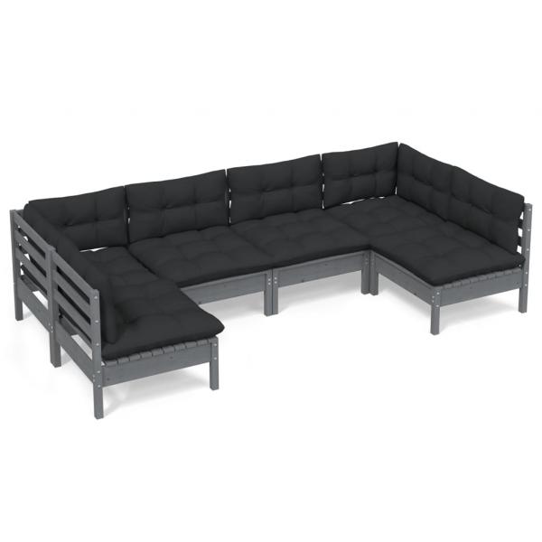 6-tlg. Garten-Lounge-Set mit Kissen Grau Kiefer Massivholz