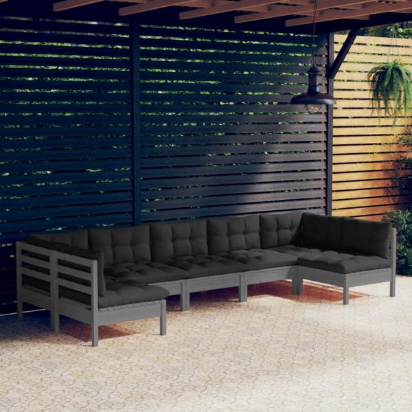 ARDEBO.de - 7-tlg. Garten-Lounge-Set mit Kissen Grau Kiefer Massivholz