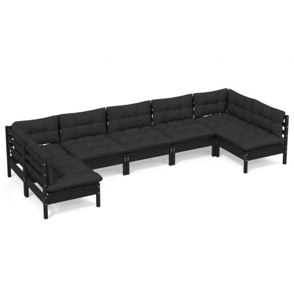 7-tlg. Garten-Lounge-Set mit Kissen Schwarz Massivholz Kiefer