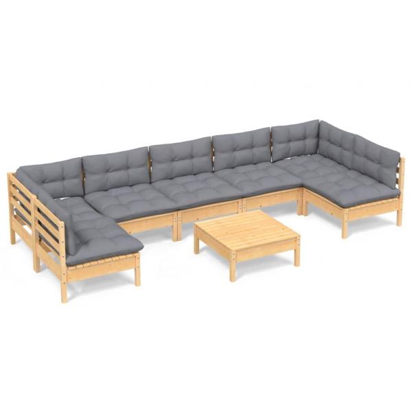 8-tlg. Garten-Lounge-Set mit Grauen Kissen Kiefer Massivholz