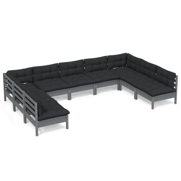 9-tlg. Garten-Lounge-Set mit Kissen Grau Kiefer Massivholz