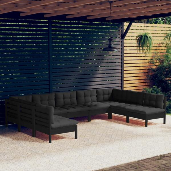 ARDEBO.de - 9-tlg. Garten-Lounge-Set mit Kissen Schwarz Massivholz Kiefer