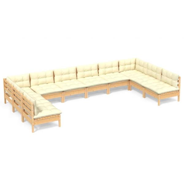 10-tlg. Garten-Lounge-Set mit Creme Kissen Massivholz Kiefer