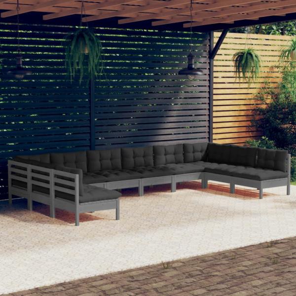 ARDEBO.de - 10-tlg. Garten-Lounge-Set mit Kissen Grau Kiefer Massivholz