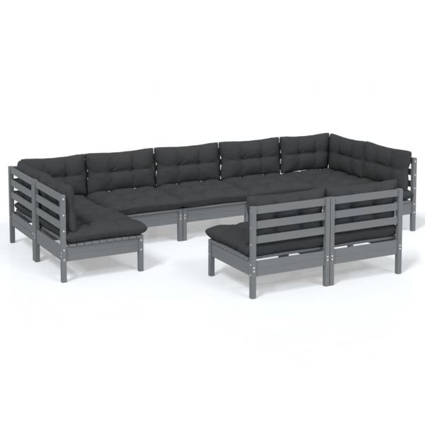 9-tlg. Garten-Lounge-Set mit Kissen Grau Kiefer Massivholz