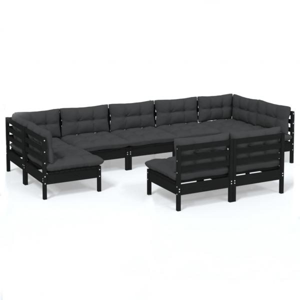 9-tlg. Garten-Lounge-Set mit Kissen Schwarz Massivholz Kiefer