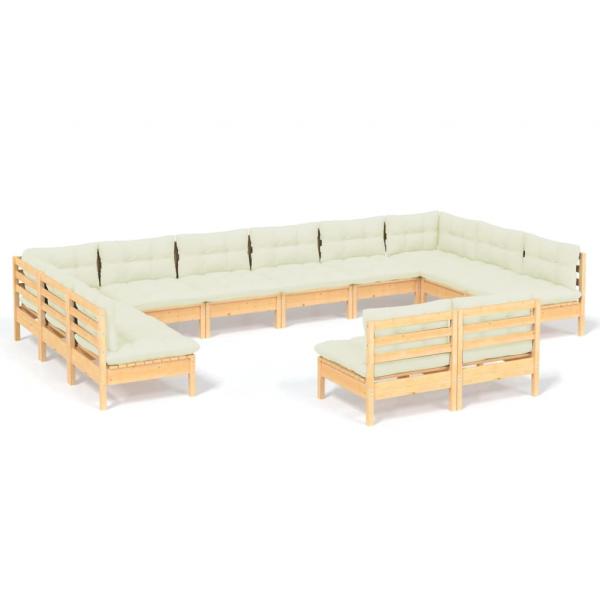 12-tlg. Garten-Lounge-Set mit Creme Kissen Massivholz Kiefer