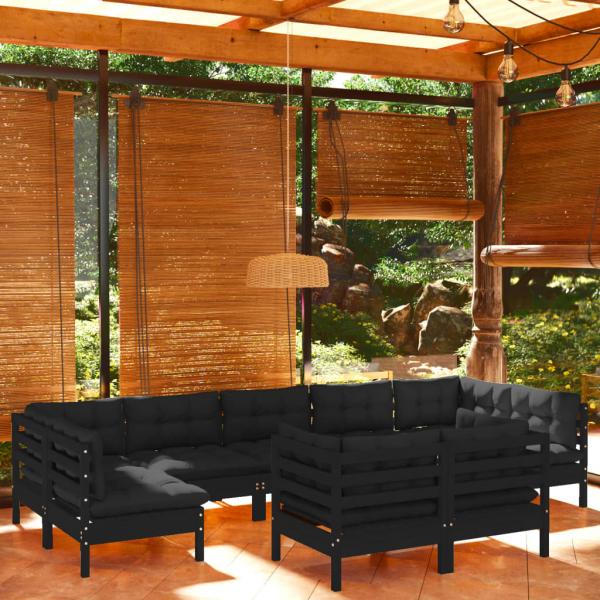 ARDEBO.de - 9-tlg. Garten-Lounge-Set mit Kissen Schwarz Kiefer Massivholz