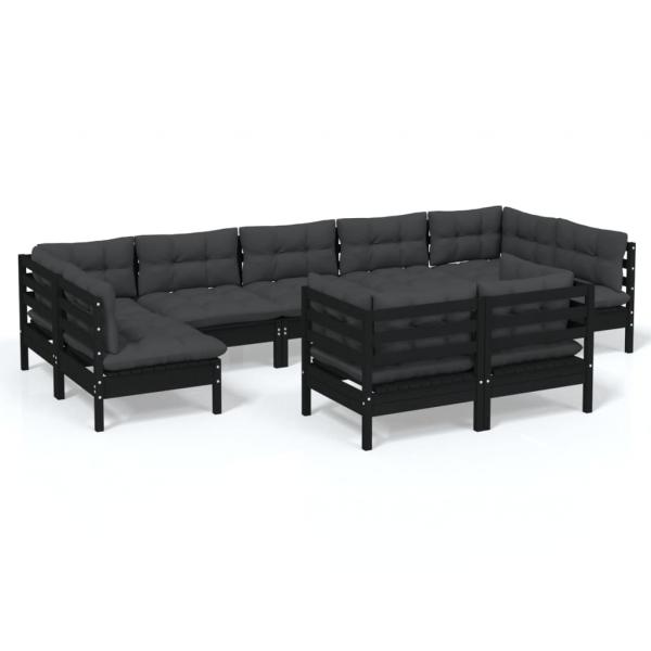 9-tlg. Garten-Lounge-Set mit Kissen Schwarz Kiefer Massivholz