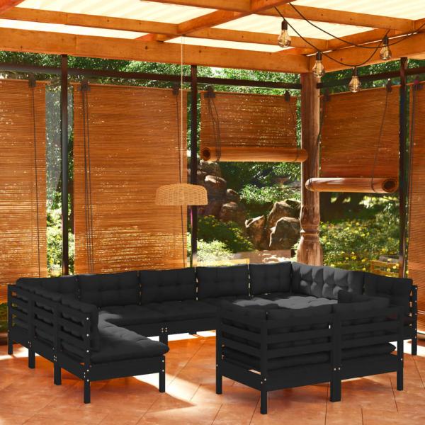 ARDEBO.de - 11-tlg. Garten-Lounge-Set mit Kissen Schwarz Massivholz Kiefer